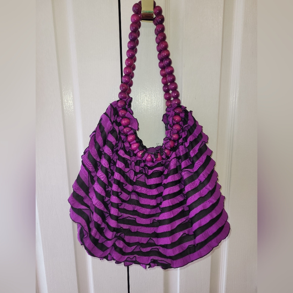 Purple and Black Striped Ruffled Women's Bag With Wooden Bead Handles.
